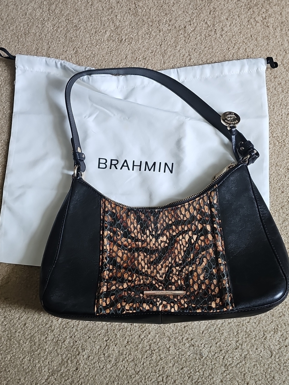 Brahmin Black & Tan Snake-Print Shoulder Bag